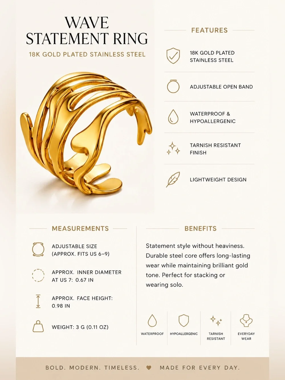 18K Gold Plated Adjustable Wave Ring Stainless Steel NWT